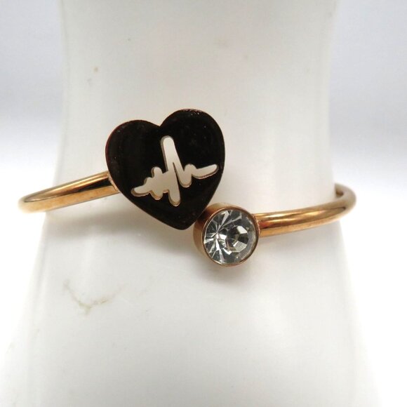 Heartbeat Bracelet Heart Gold Tone Clear Crystal Bangle Love Valentine - Picture 2 of 11